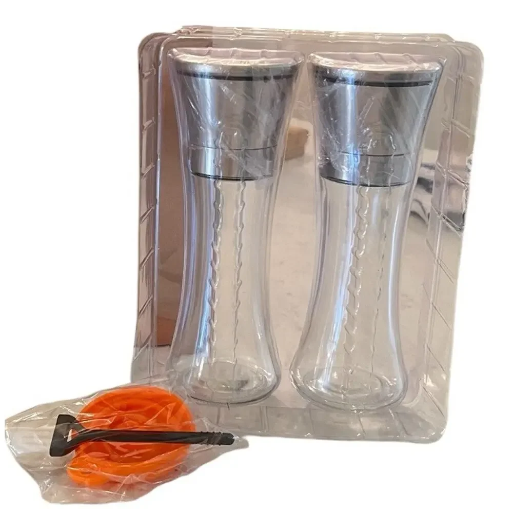 Salt & Pepper Grinder Set NEW IN BOX Clear Glass Containers Silver Top